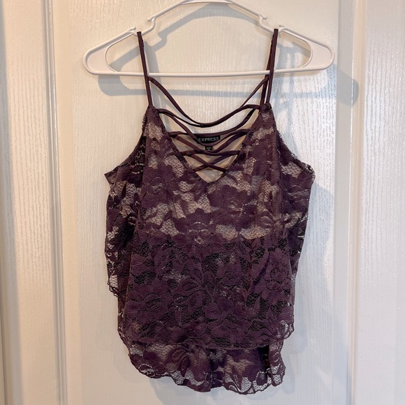 Express Purple Floral Lace Up Tiered Tank - Picture 3 of 5